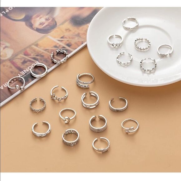 18K White Gold Adjustable Boho Open Toe Rings - Set of 20 - Picture 6 of 11